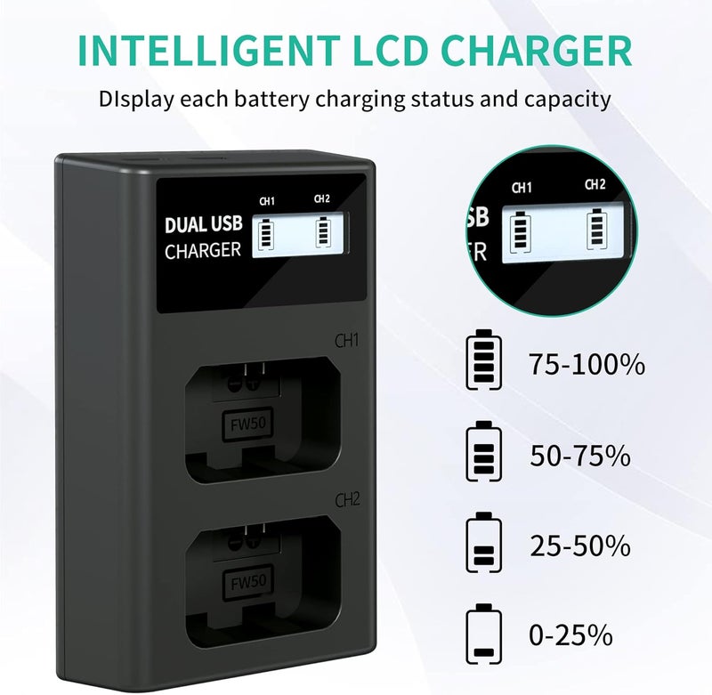 L & P NP-FW50 Battery Charger, LCD Dual Charger Compatible with Sony Alpha A6000, A6400, A6100, A6300, A6500, A5100, A7, A7 II, A7R, A7R II, A7R2, A7S, A7S II, A7S2, A5000, A3000, RX10, NEX-3/5/7 Series - Image 5